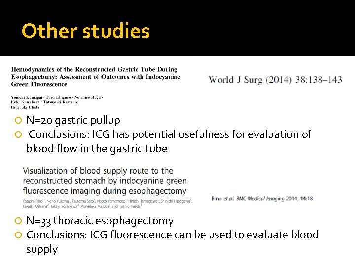 Other studies N=20 gastric pullup Conclusions: ICG has potential usefulness for evaluation of blood