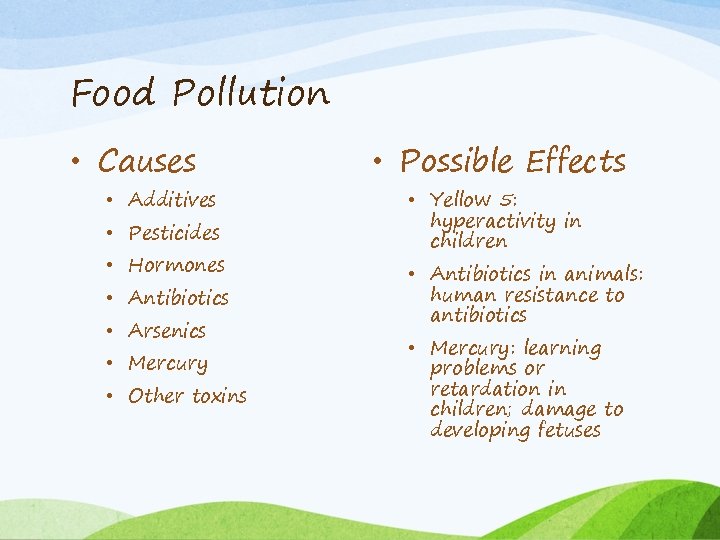 Food Pollution • Causes • Additives • Pesticides • Hormones • Antibiotics • Arsenics