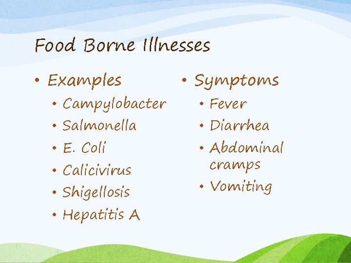 Food Borne Illnesses • Examples • Campylobacter • Salmonella • E. Coli • Calicivirus
