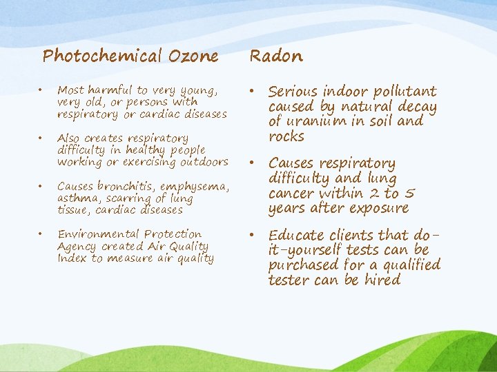 Photochemical Ozone • Most harmful to very young, very old, or persons with respiratory