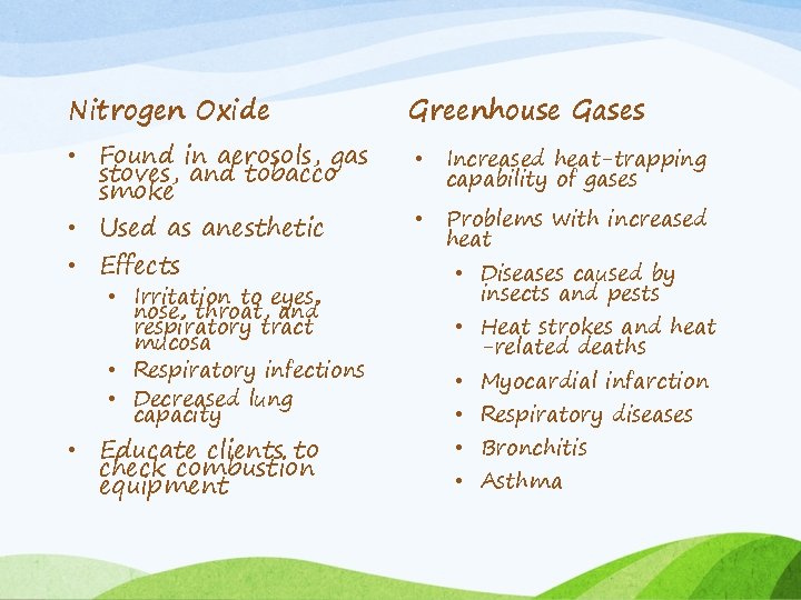Nitrogen Oxide • Found in aerosols, gas stoves, and tobacco smoke • Used as