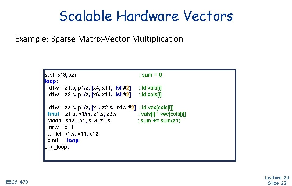 Scalable Hardware Vectors Example: Sparse Matrix-Vector Multiplication scvtf s 13, xzr loop: ld 1