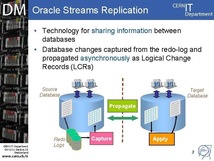 Oracle Streams Replication • Technology for sharing information between databases • Database changes captured