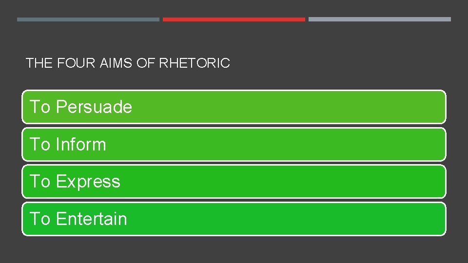 THE FOUR AIMS OF RHETORIC To Persuade To Inform To Express To Entertain 