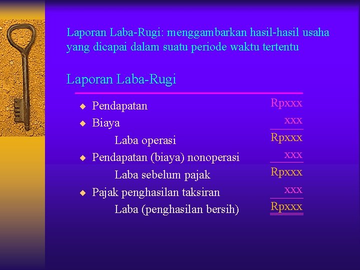 Laporan Laba-Rugi: menggambarkan hasil-hasil usaha yang dicapai dalam suatu periode waktu tertentu Laporan Laba-Rugi