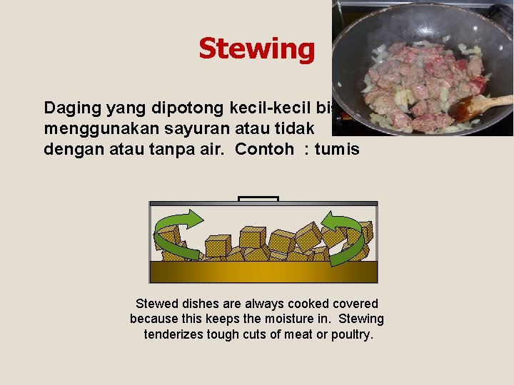 Stewing Daging yang dipotong kecil-kecil bisa menggunakan sayuran atau tidak dengan atau tanpa air.