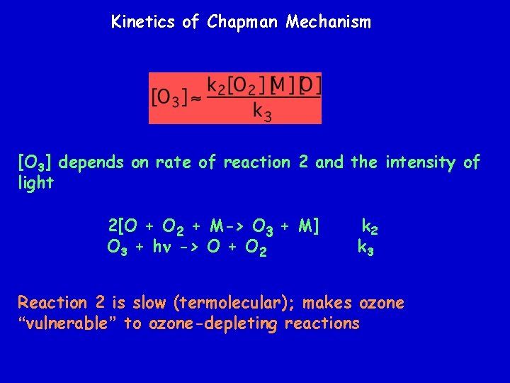 Kinetics of Chapman Mechanism [O 3] depends on rate of reaction 2 and the