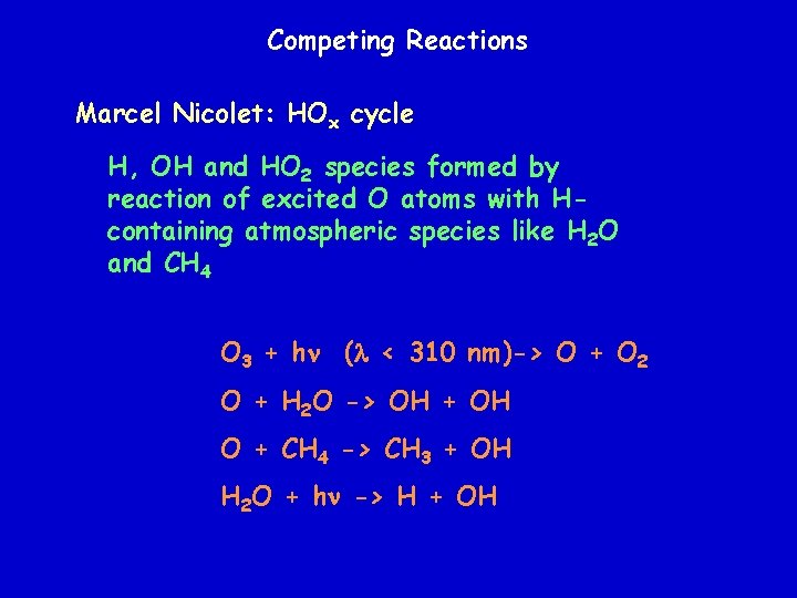 Competing Reactions Marcel Nicolet: HOx cycle H, OH and HO 2 species formed by