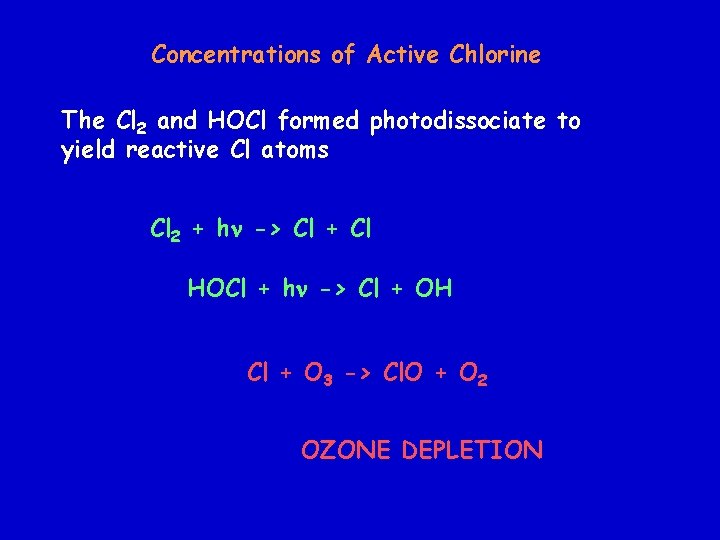 Concentrations of Active Chlorine The Cl 2 and HOCl formed photodissociate to yield reactive