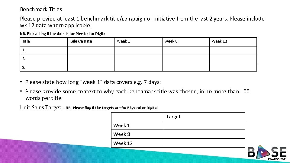 Benchmark Titles Please provide at least 1 benchmark title/campaign or initiative from the last