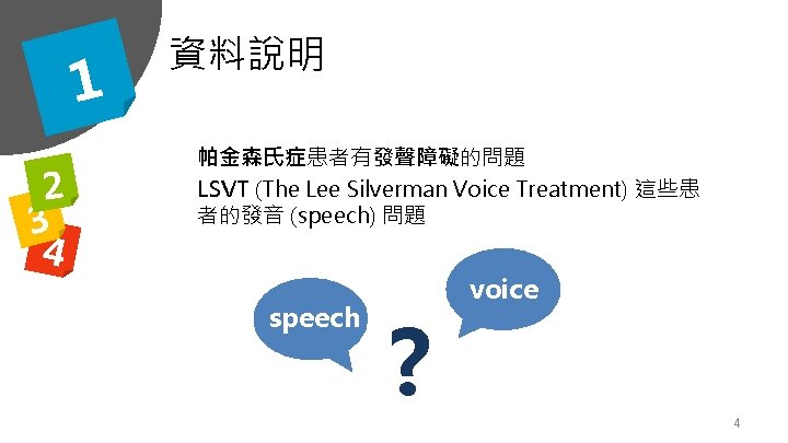 1 2 3 4 資料說明 帕金森氏症患者有發聲障礙的問題 LSVT (The Lee Silverman Voice Treatment) 這些患 者的發音