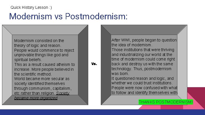 Quick History Lesson : ) Modernism vs Postmodernism: Modernism consisted on theory of logic