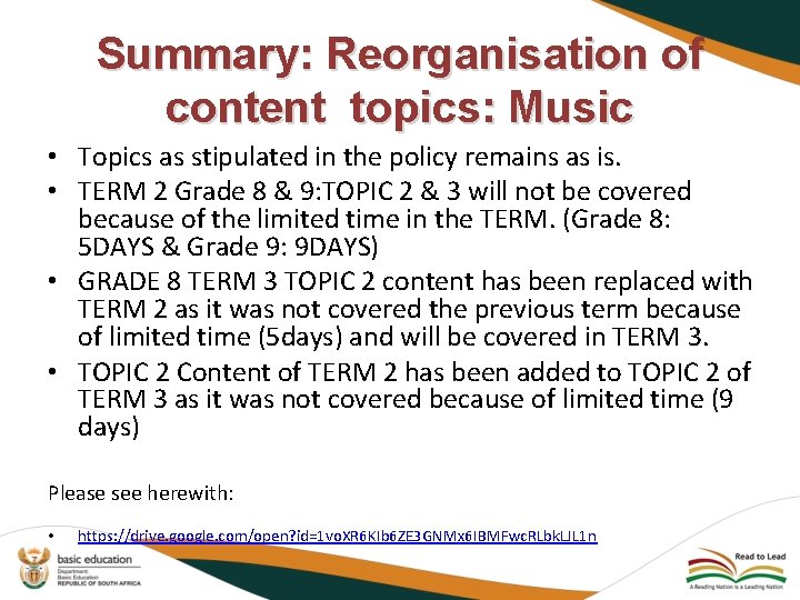 Summary: Reorganisation of content topics: Music • Topics as stipulated in the policy remains