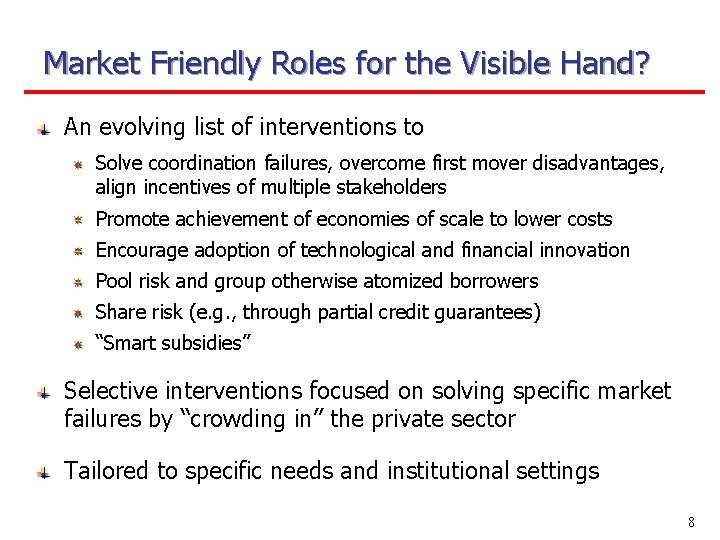 Market Friendly Roles for the Visible Hand? An evolving list of interventions to Solve