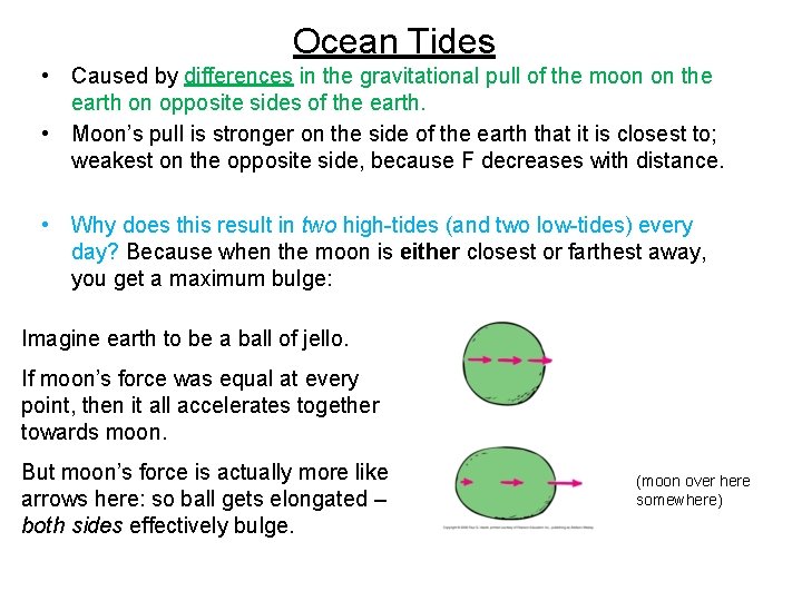 Ocean Tides • Caused by differences in the gravitational pull of the moon on