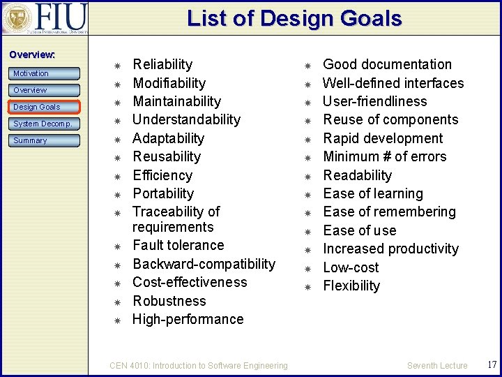 List of Design Goals Overview: Motivation Overview Design Goals System Decomp. Summary Reliability Modifiability