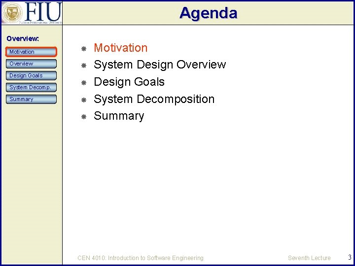 Agenda Overview: Motivation Overview Design Goals System Decomp. Summary Motivation System Design Overview Design