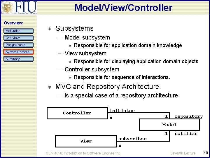 Model/View/Controller Overview: Motivation Subsystems – Model subsystem Overview Design Goals Responsible for application domain