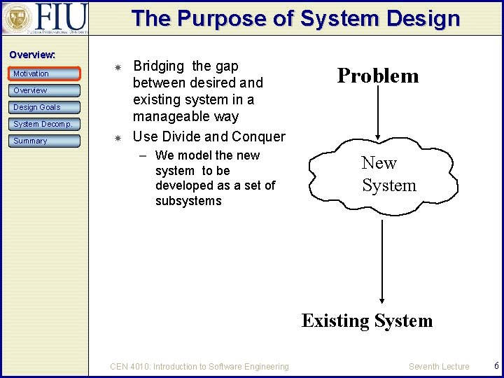 The Purpose of System Design Overview: Motivation Overview Design Goals System Decomp. Summary Bridging