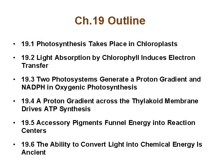 Ch. 19 Outline • 19. 1 Photosynthesis Takes Place in Chloroplasts • 19. 2