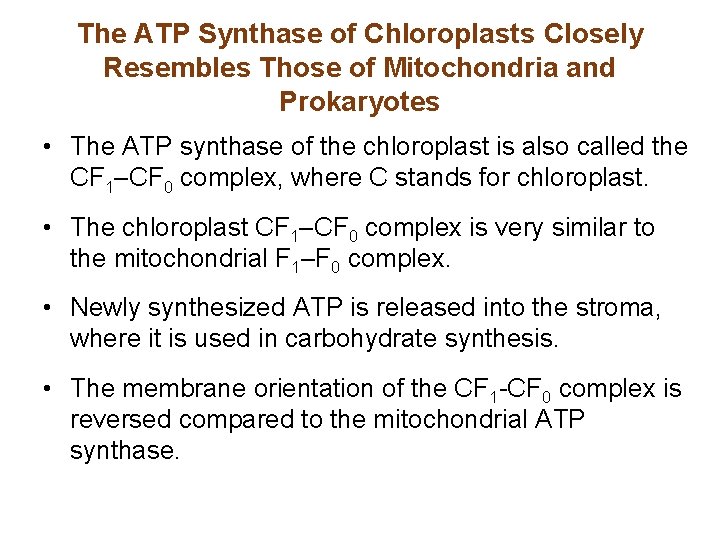 The ATP Synthase of Chloroplasts Closely Resembles Those of Mitochondria and Prokaryotes • The