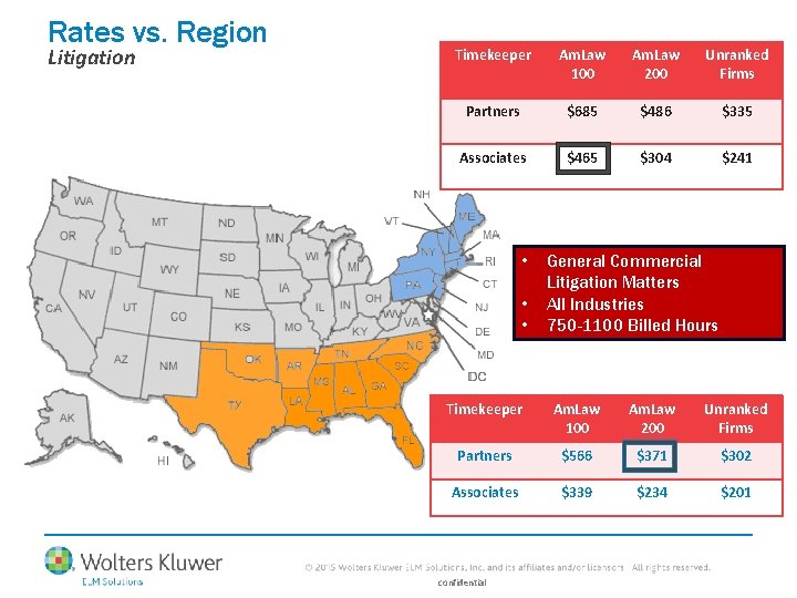 Rates vs. Region Litigation Timekeeper Am. Law 100 Am. Law 200 Unranked Firms Partners