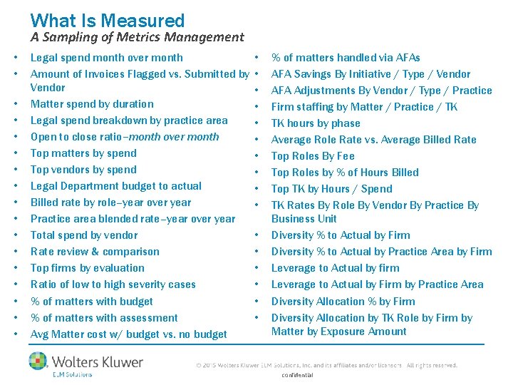 What Is Measured A Sampling of Metrics Management • • • • • Legal