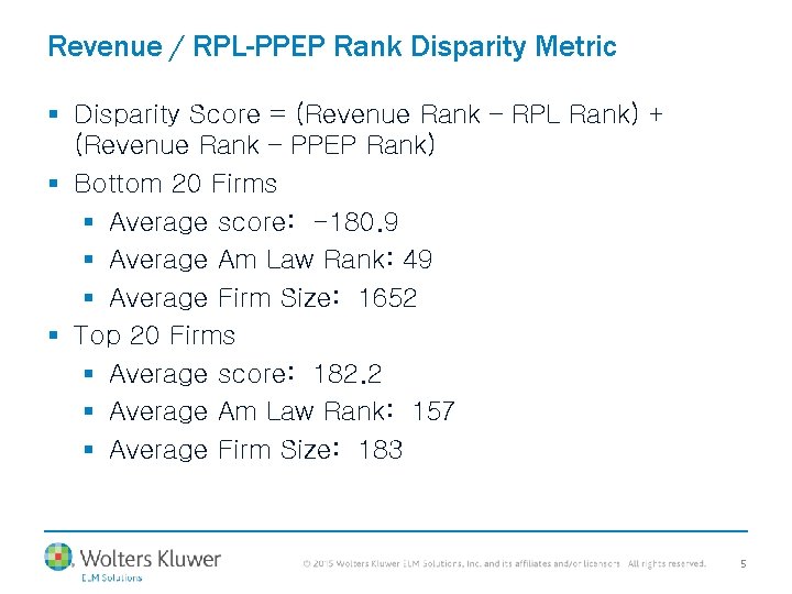 Revenue / RPL-PPEP Rank Disparity Metric § Disparity Score = (Revenue Rank – RPL