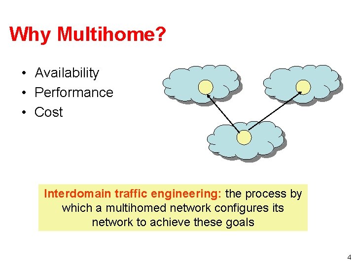 Why Multihome? • Availability • Performance • Cost Interdomain traffic engineering: the process by