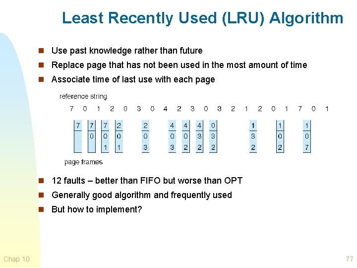 Least Recently Used (LRU) Algorithm n Use past knowledge rather than future n Replace