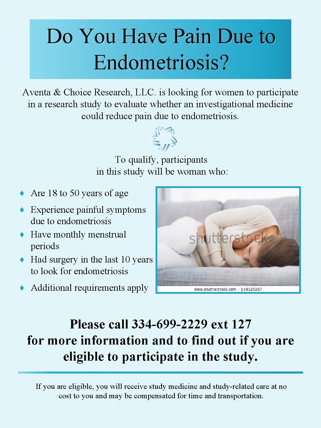 Do You Have Pain Due to Endometriosis? Aventa & Choice Research, LLC. is looking