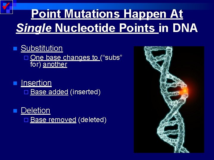  Point Mutations Happen At Single Nucleotide Points in DNA n Substitution ¨ One