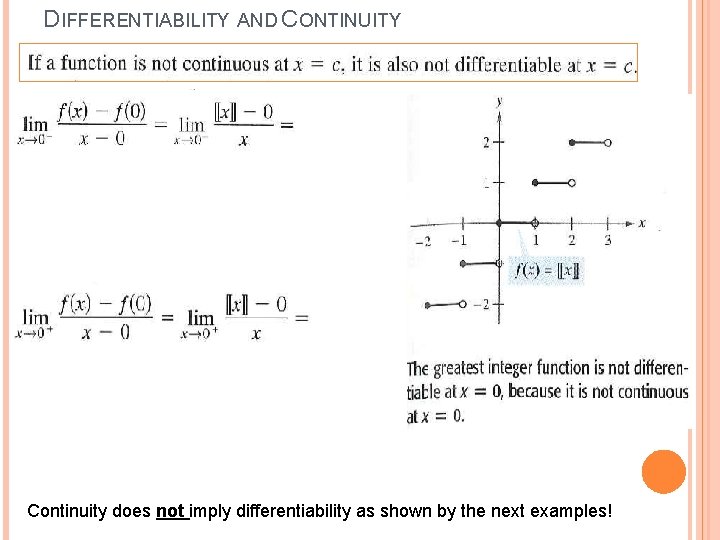 DIFFERENTIABILITY AND CONTINUITY Continuity does not imply differentiability as shown by the next examples!