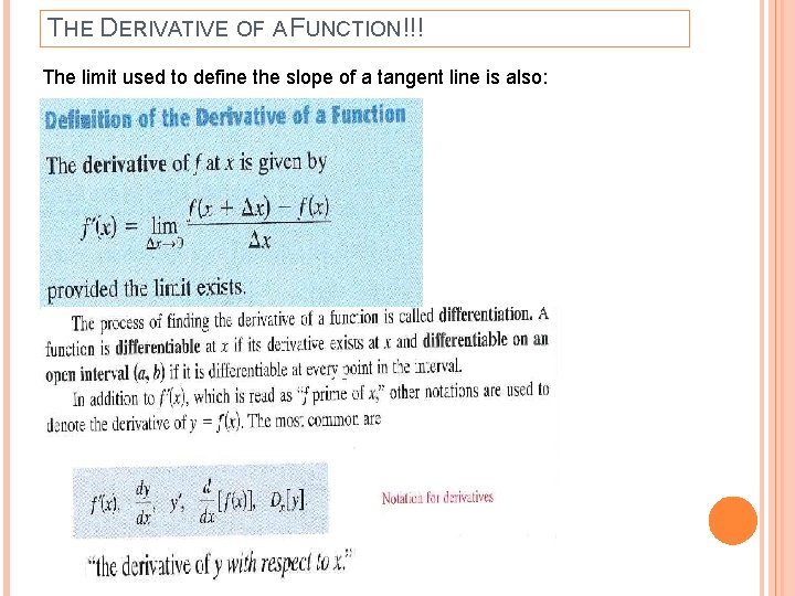 THE DERIVATIVE OF A FUNCTION!!! The limit used to define the slope of a