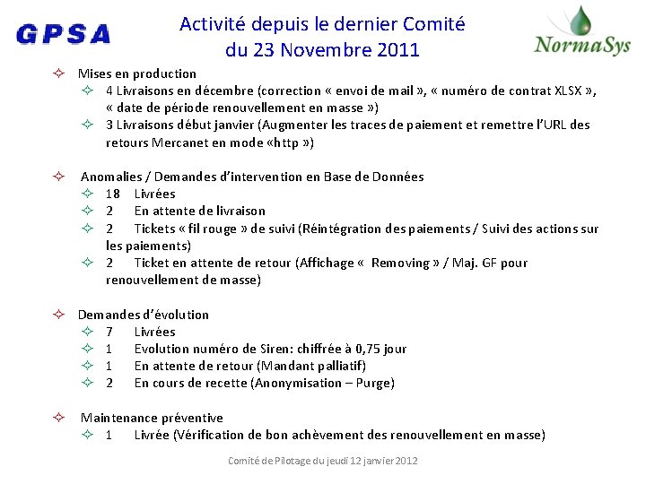 Activité depuis le dernier Comité du 23 Novembre 2011 Mises en production 4 Livraisons