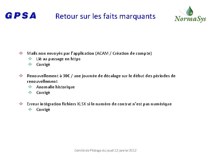 Retour sur les faits marquants Mails non envoyés par l’application (ACAM / Création de