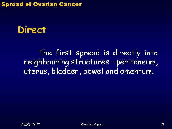 Spread of Ovarian Cancer Direct The first spread is directly into neighbouring structures –