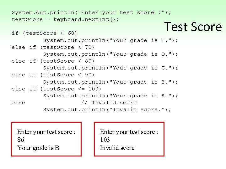 System. out. println("Enter your test score : "); test. Score = keyboard. next. Int();