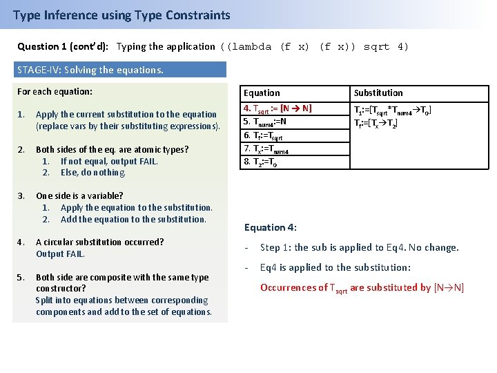 Type Inference using Type Constraints Question 1 (cont’d): Typing the application ((lambda (f x))