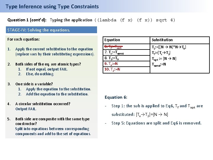 Type Inference using Type Constraints Question 1 (cont’d): Typing the application ((lambda (f x))