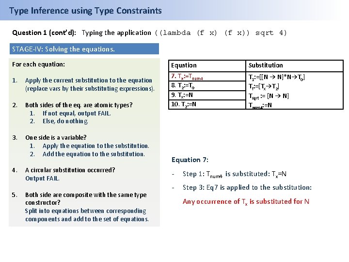 Type Inference using Type Constraints Question 1 (cont’d): Typing the application ((lambda (f x))