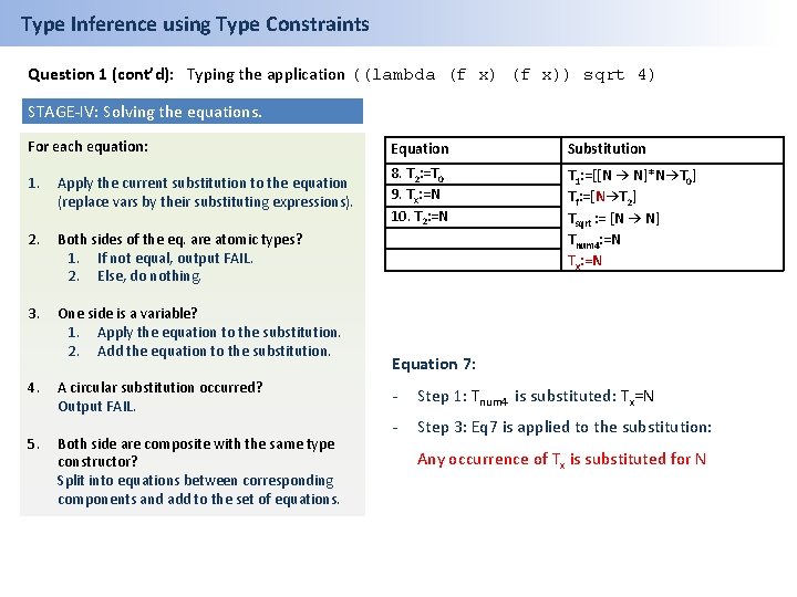 Type Inference using Type Constraints Question 1 (cont’d): Typing the application ((lambda (f x))