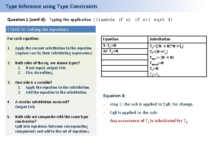 Type Inference using Type Constraints Question 1 (cont’d): Typing the application ((lambda (f x))