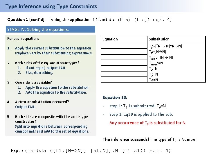 Type Inference using Type Constraints Question 1 (cont’d): Typing the application ((lambda (f x))