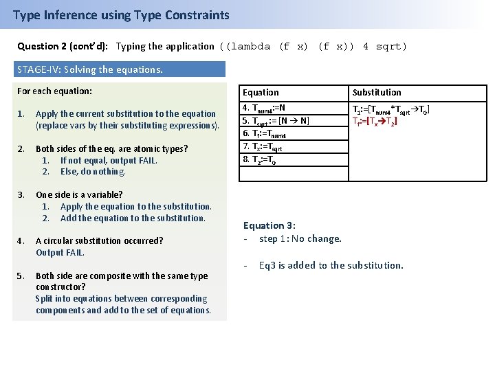 Type Inference using Type Constraints Question 2 (cont’d): Typing the application ((lambda (f x))