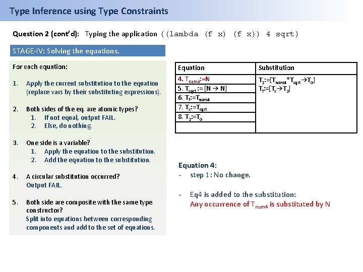 Type Inference using Type Constraints Question 2 (cont’d): Typing the application ((lambda (f x))