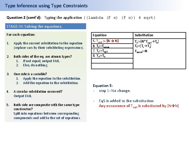 Type Inference using Type Constraints Question 2 (cont’d): Typing the application ((lambda (f x))