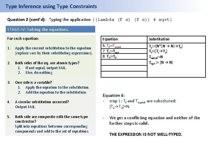 Type Inference using Type Constraints Question 2 (cont’d): Typing the application ((lambda (f x))