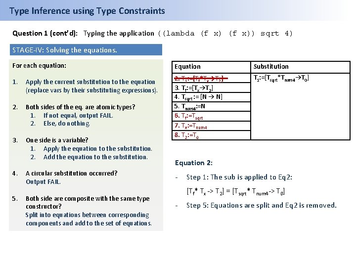 Type Inference using Type Constraints Question 1 (cont’d): Typing the application ((lambda (f x))