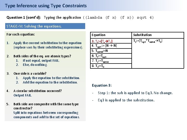 Type Inference using Type Constraints Question 1 (cont’d): Typing the application ((lambda (f x))